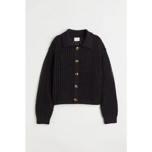 H&M Knitted Mesh Polo Button Front Cardigan in Black